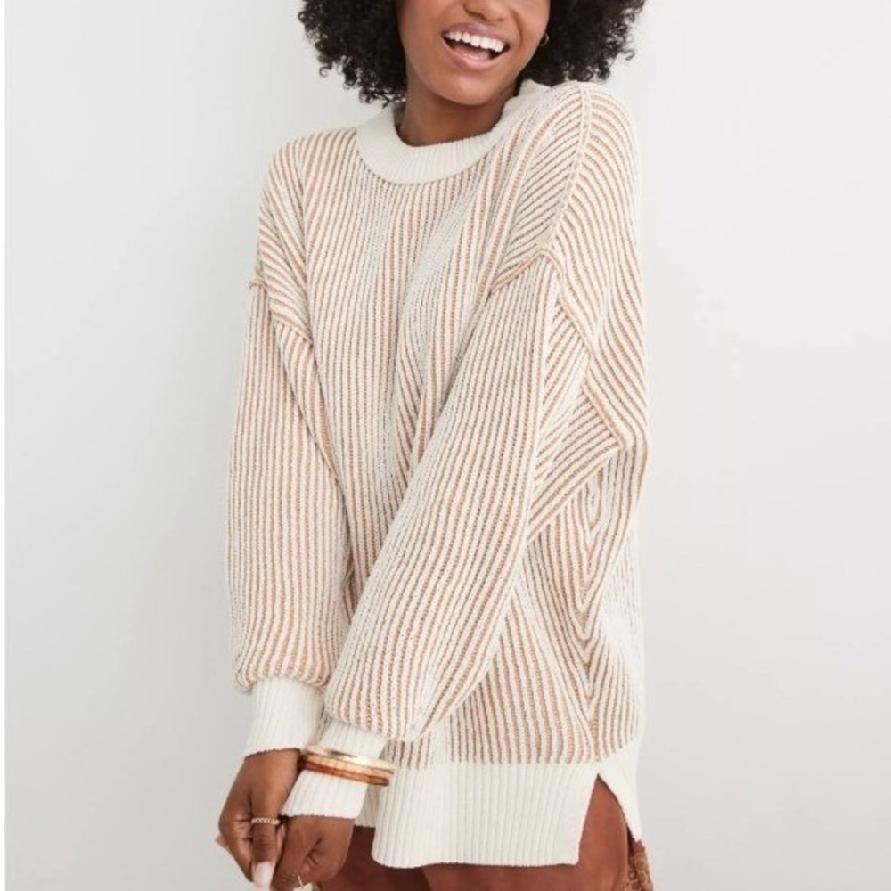Aerie Womens Oversized Ribbed Knit Striped Sweater Tan Cream XS 100% Recycled